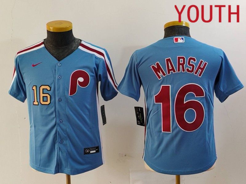 Youth Philadelphia Phillies #16 Marsh Blue Throwback 2024 Nike MLB Jersey style 2